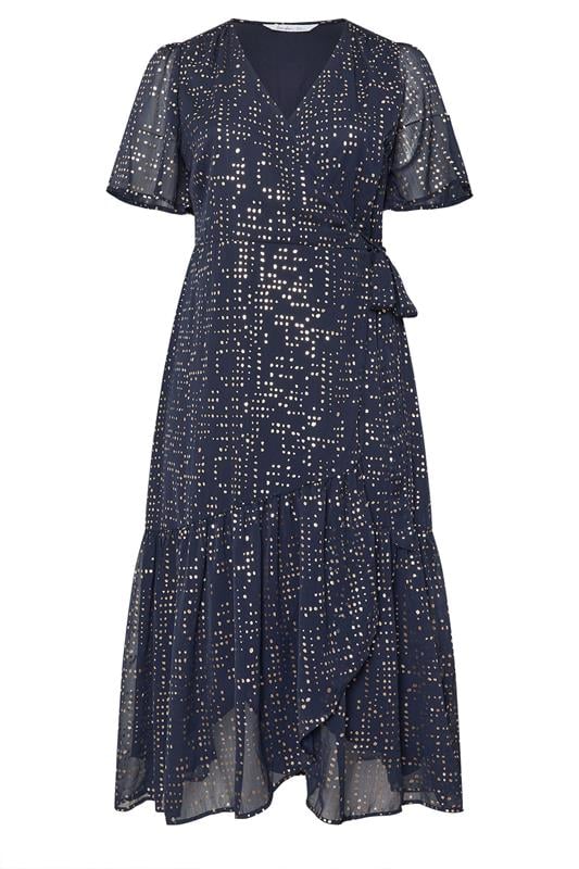 YOURS LONDON Curve Navy Blue Metallic Dot Wrap Dress