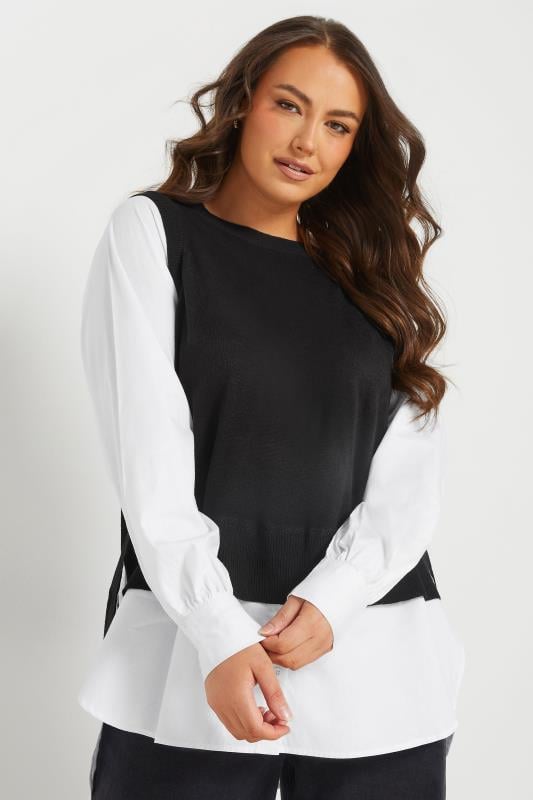 YOURS Curve Black & White 2-In-1 Long Sleeve Shirt