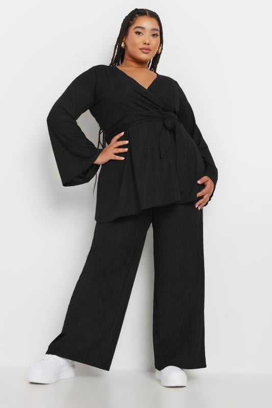 YOURS Curve Black Textured Flare Sleeve Wrap Top