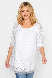 YOURS Curve White Pointelle Lace Trim Top