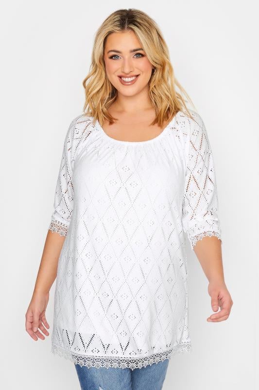 YOURS Curve White Pointelle Lace Trim Top