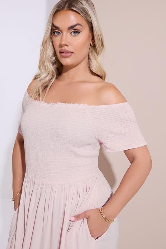 YOURS Curve Light Pink Shirred Bardot Maxi Dress