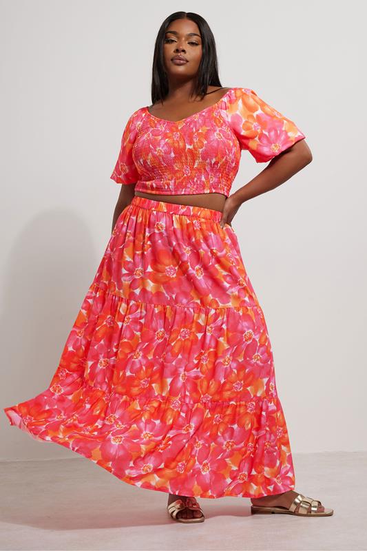 YOURS Curve Pink Floral Shirred Puff Sleeve Crop Top