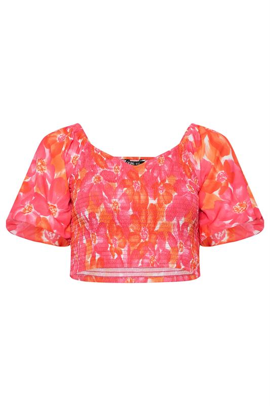 YOURS Curve Pink Floral Shirred Puff Sleeve Crop Top