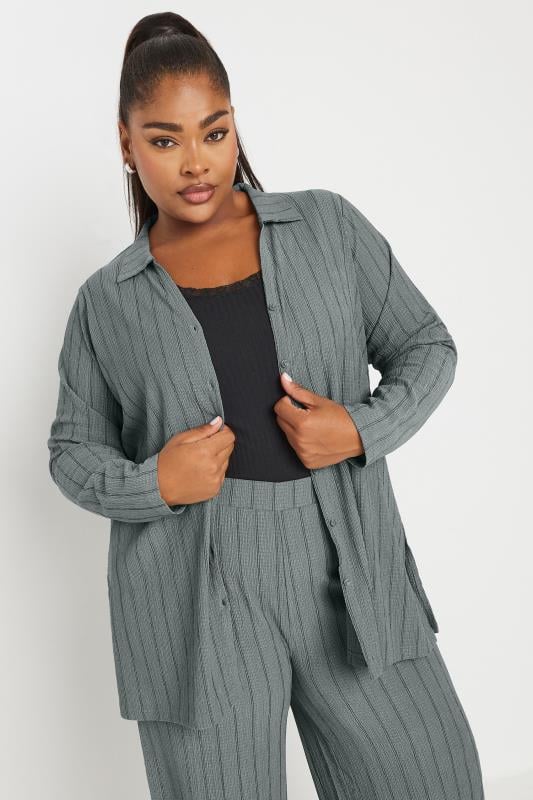 YOURS Curve Grey Textured Pinstripe Shirt
