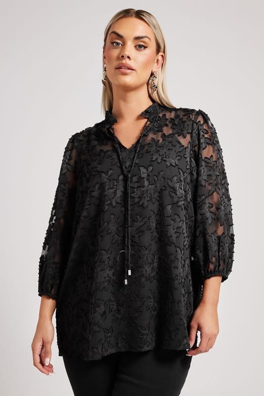 YOURS LONDON Curve Black Floral Burnout Tie Neck Blouse