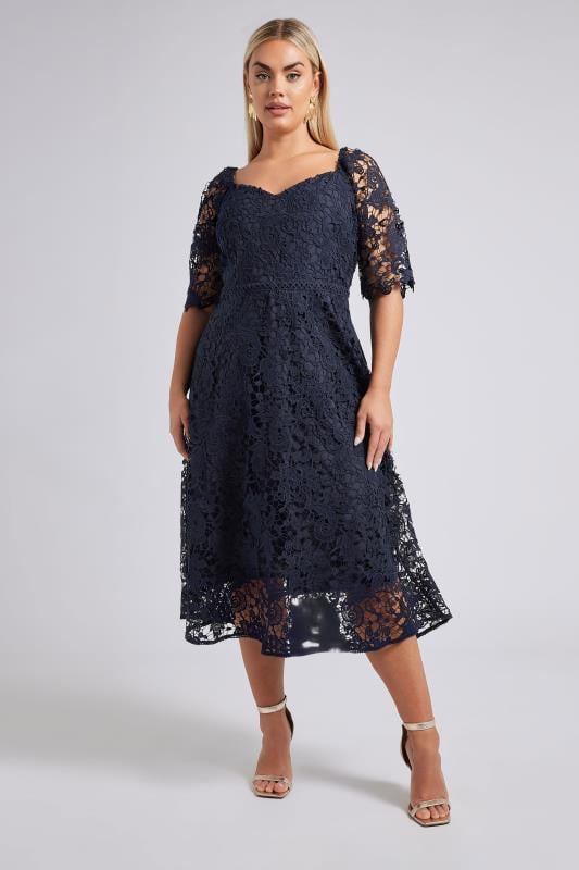 YOURS LONDON Curve Navy Blue Premium Crochet Lace Dress