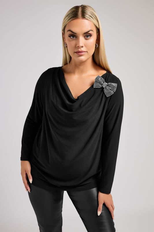 YOURS LONDON Curve Black Diamante Bow Detail Cowl Neck Top