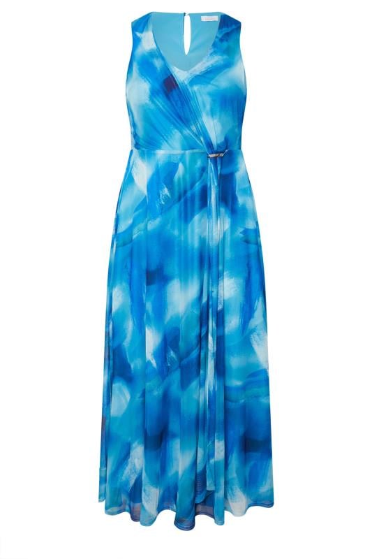 YOURS LONDON Curve Blue Floral Mesh Draped Maxi Dress