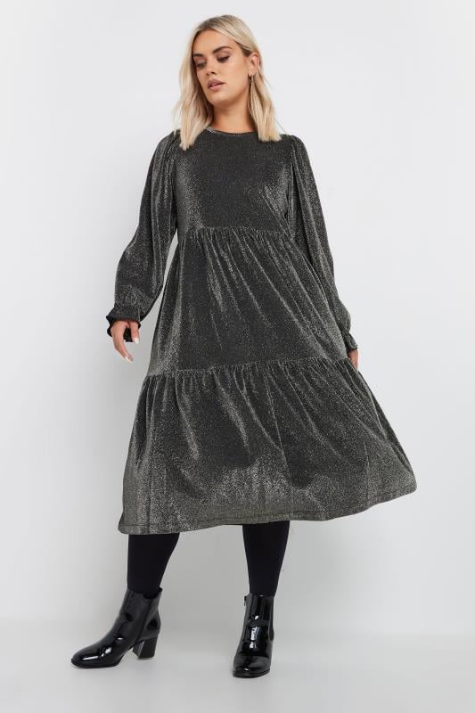 YOURS Curve Silver Metallic Tiered Midi Dress