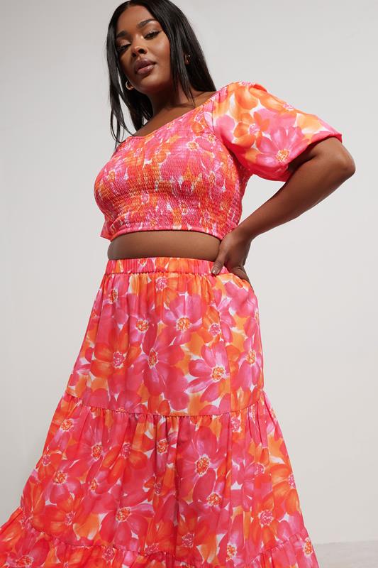 YOURS Curve Pink Floral Shirred Puff Sleeve Crop Top