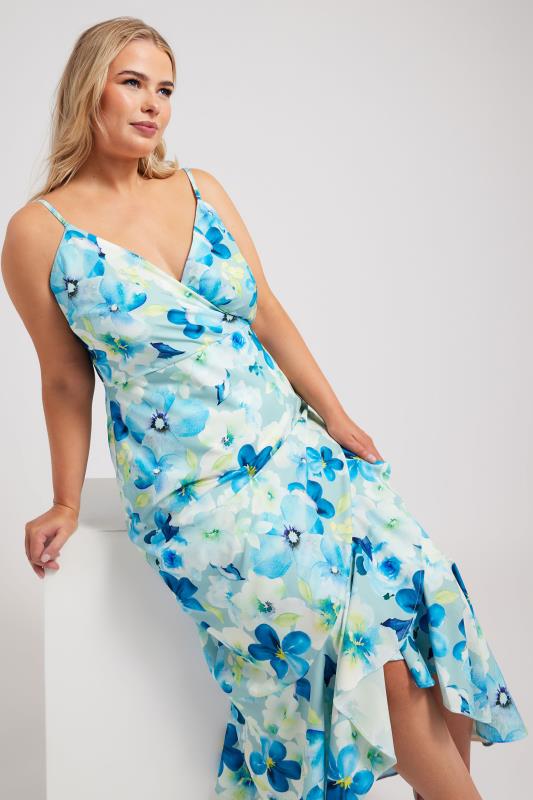 YOURS LONDON Curve Blue Floral Print Ruffle Wrap Dress