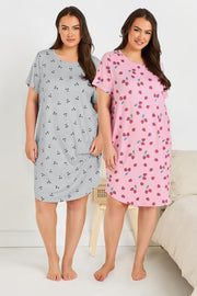 YOURS Curve 2 PACK Pink & Grey Fruit Print Soft Touch Nightdresses