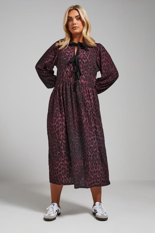 LIMITED COLLECTION Curve Burgundy Red Leopard Print Bow Dress