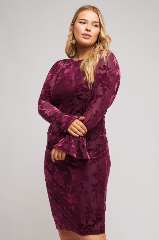 YOURS LONDON Curve Burgundy Red Velour Floral Dress