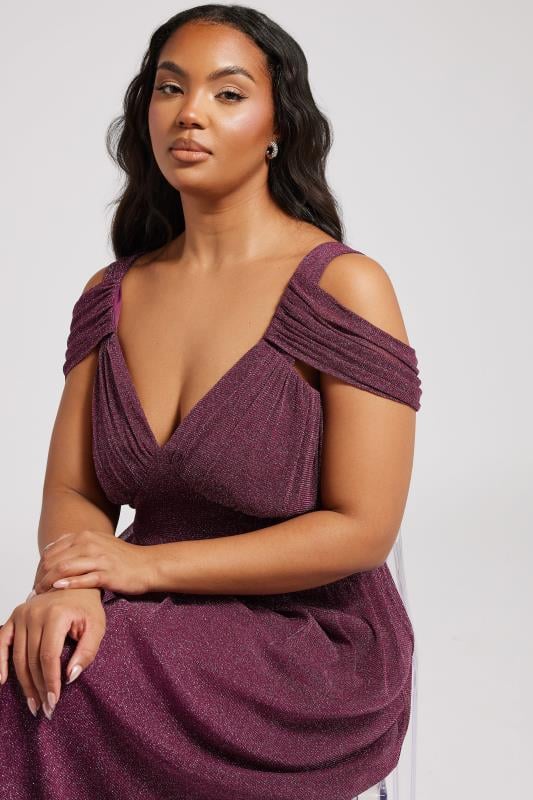 YOURS LONDON Curve Purple Metallic Cold Shoulder Maxi Mesh Dress