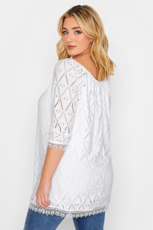 YOURS Curve White Pointelle Lace Trim Top
