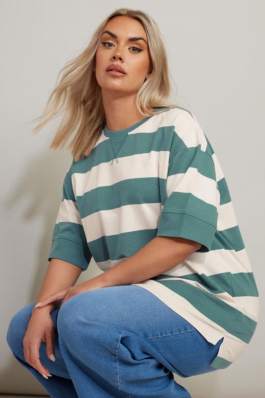 YOURS Curve Teal Blue & White Stripe Short Sleeve Sweatshirt