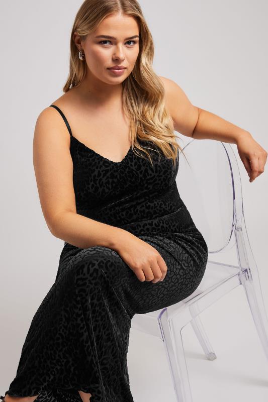 YOURS LONDON Curve Black Animal Velour Midaxi Slip Dress