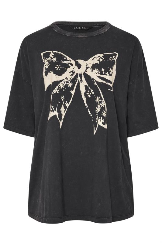 YOURS Curve Black Acid Wash Boxy Bow Graphic Print T-Shirt