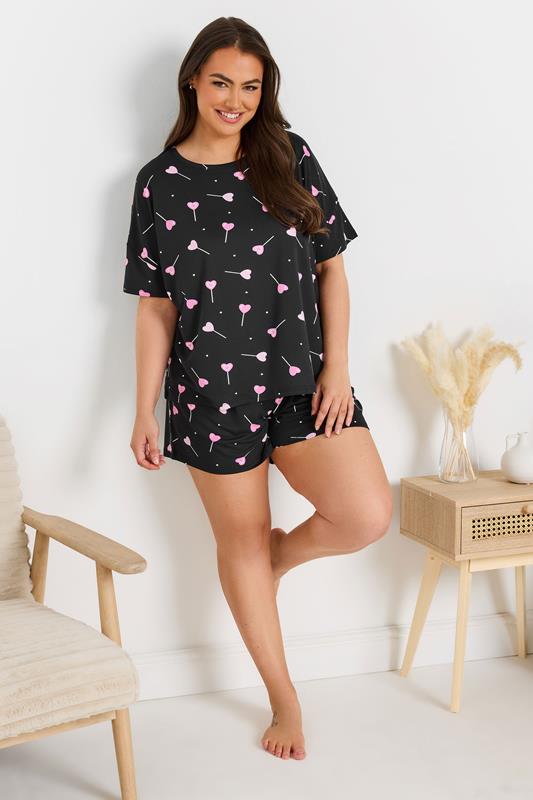 YOURS Curve Black Heart Lollipop Short Pyjama Set
