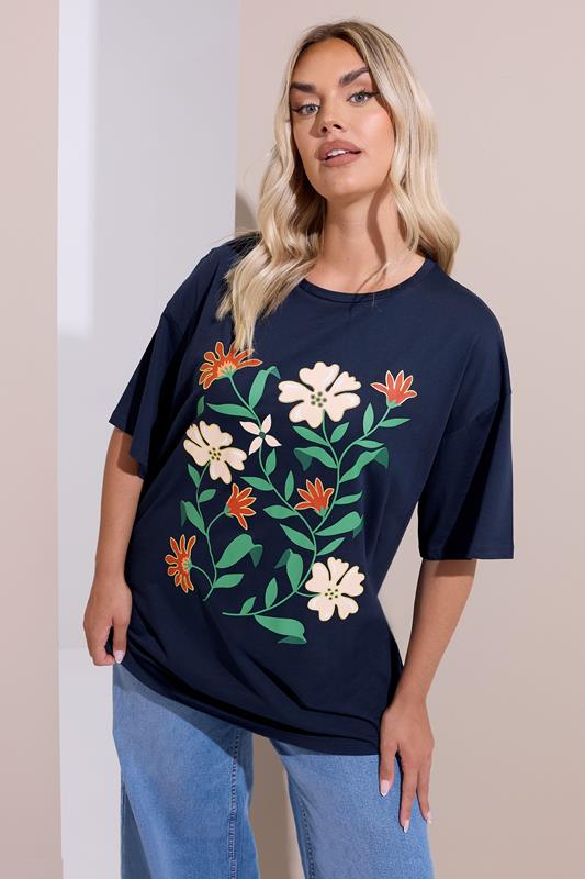 YOURS Curve Navy Blue Floral Print T-Shirt