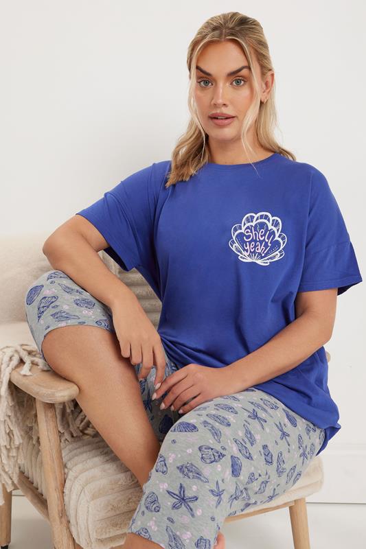 YOURS Curve Blue 'Shell Yeah' Graphic Cropped Pyjama Set