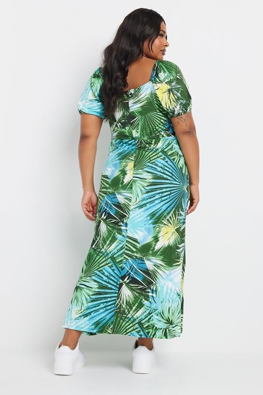 YOURS Curve Blue & Green Tropical Leaf Print Maxi Dress