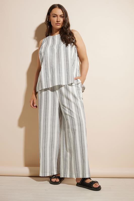 YOURS Curve White Stripe Embroidered Linen Vest Top