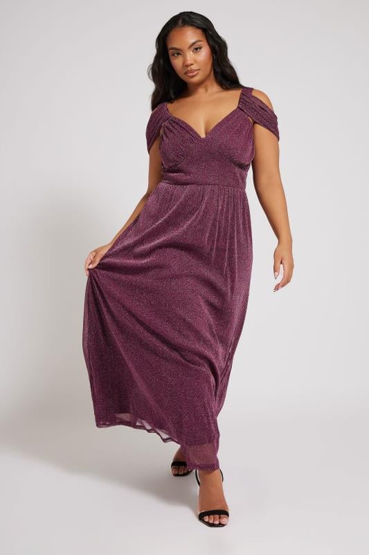 YOURS LONDON Curve Purple Metallic Cold Shoulder Maxi Mesh Dress