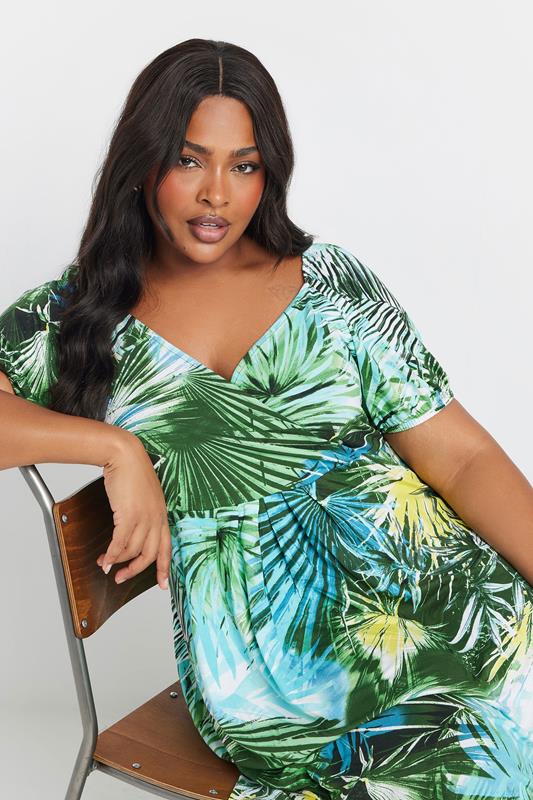 YOURS Curve Blue & Green Tropical Leaf Print Maxi Dress