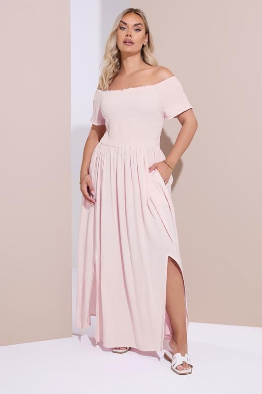 YOURS Curve Light Pink Shirred Bardot Maxi Dress