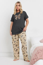 YOURS Curve Grey Leopard Bow Print Wide Leg Pyjama Set